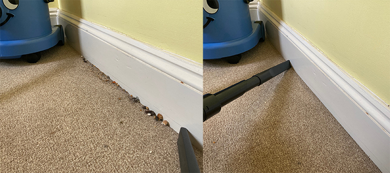 Charles vacuum's crevice tool cleaning results on skirting boards