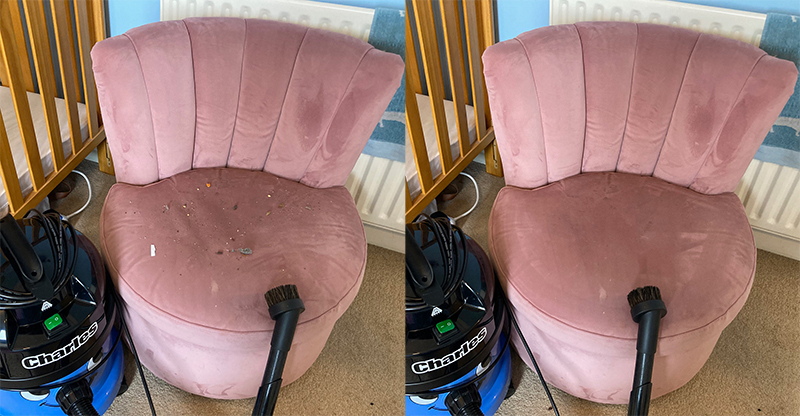 The cleaning results of the Charles vacuum's upholstery brush