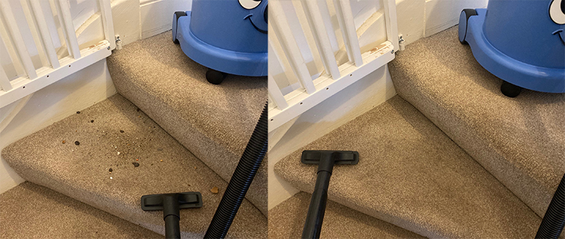 Charles vacuum's upholstery brush cleaning results on stair tread