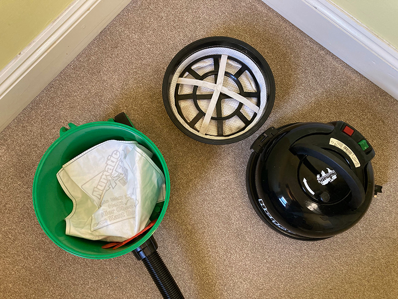 The dust bag, filter and motor head of the Henry Pet vacuum cleaner.