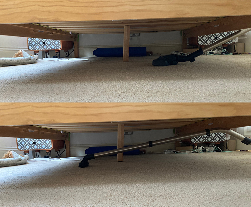 How far underneath a double bed the Henry Pet floor tools will reach.