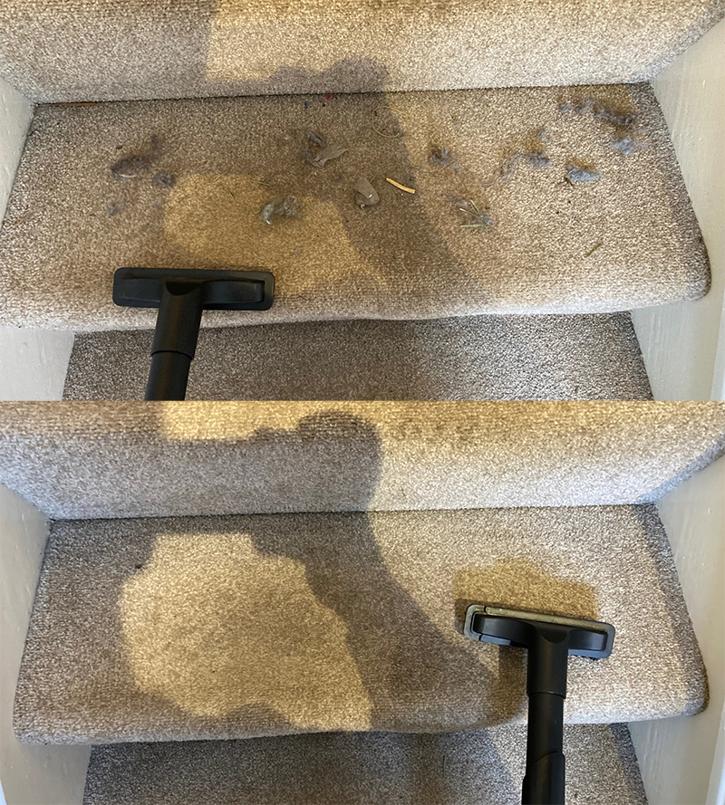 Cleaning results of the Henry Cordless upholstery brush on stair tread.