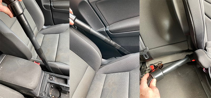 Henry Home's flexi crevice tool being used to vacuum a car interior